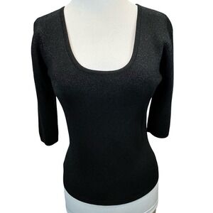 Joseph A. Womens Silk Blend Top Black Metallic Ribbed Scoop Neck Shimmer M